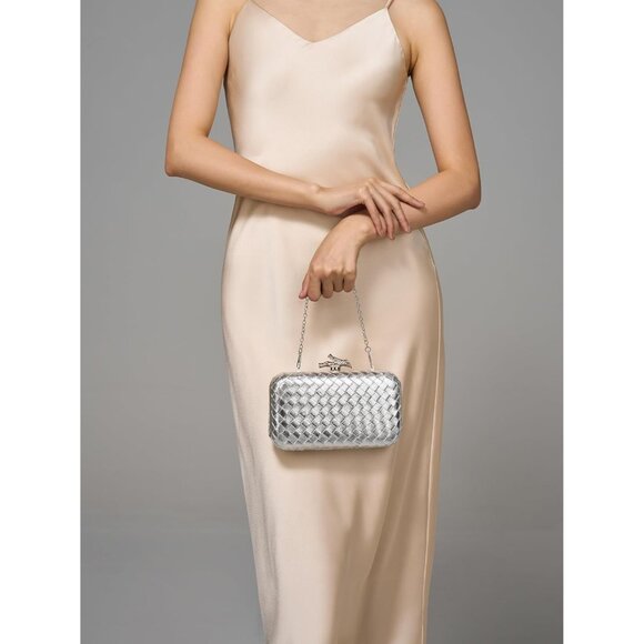 Women\'s Silver Woven Leather Formal Evening Shoulder Clutch Chain Strap Handbag